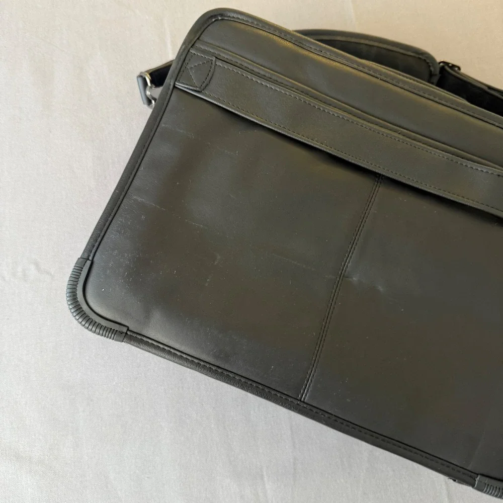 Dell Black Leather Laptop Messenger Bag Briefcase‎ Retractable handles